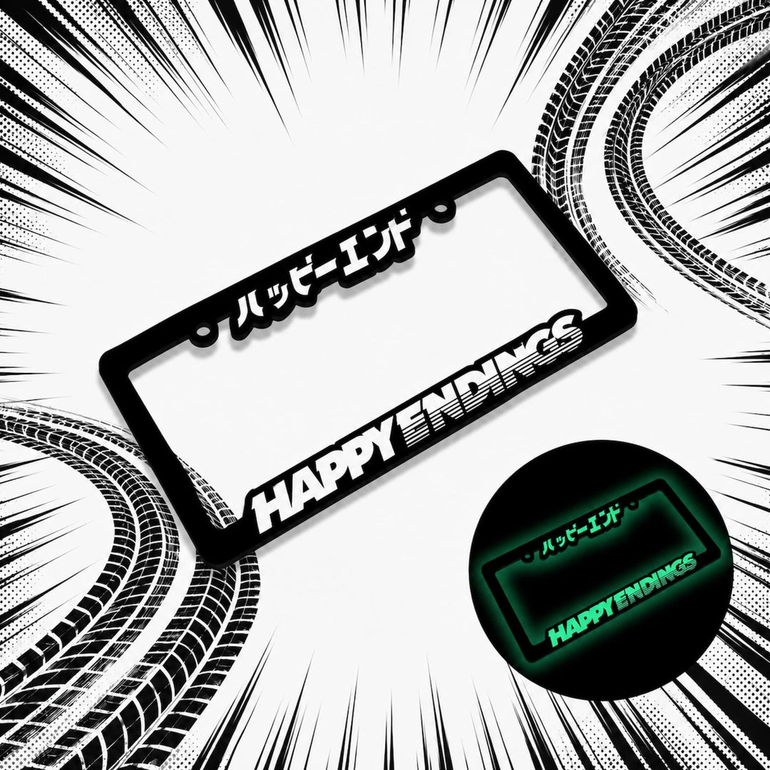 Black license plate frame with HAPPY ENDINGS and Japanese text, glowing in th...