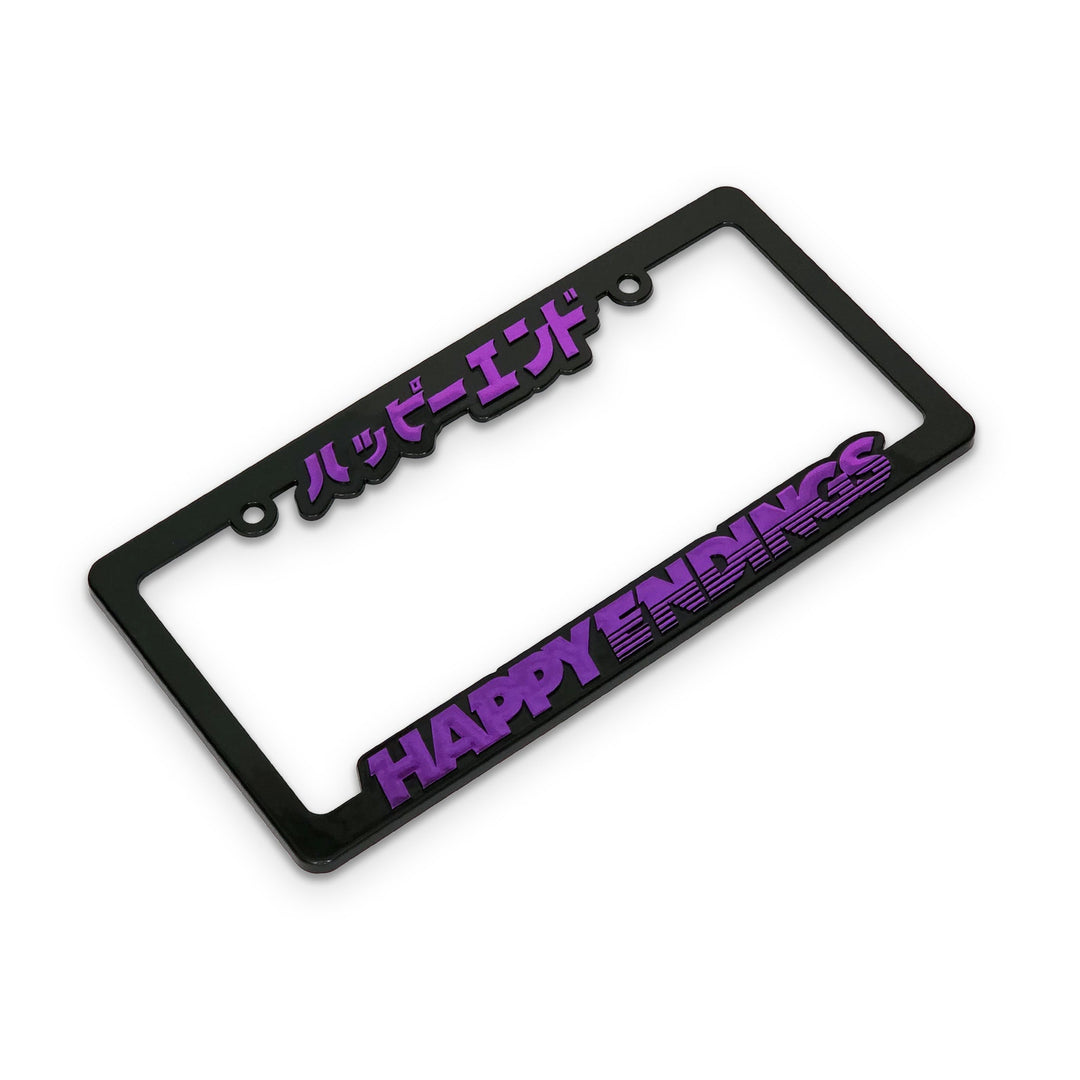 Black license plate frame with purple text 'HAPPY ENDINGS' on a white background