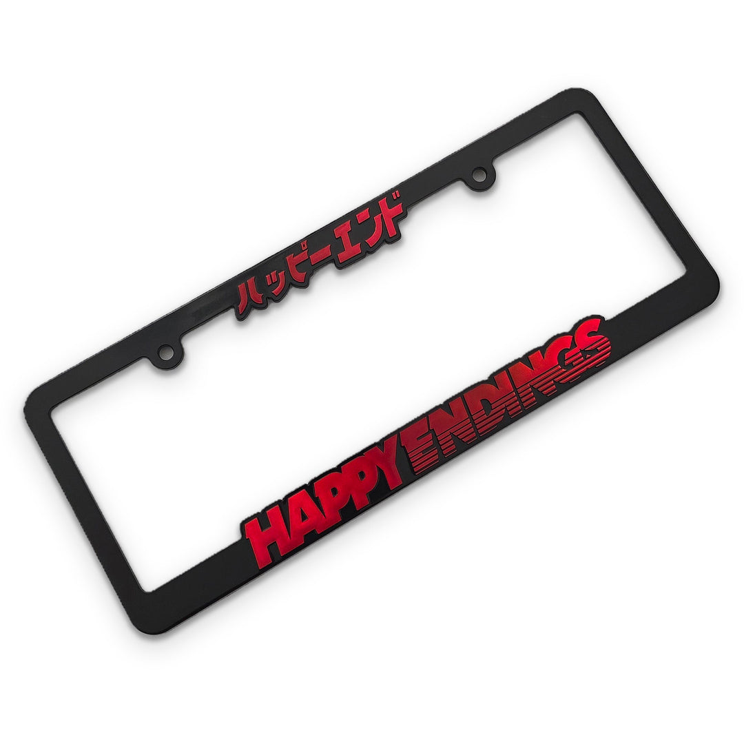 License Plate Frame - Red Chrome Text (Australia Size) - Happy Endings - Automotive & Lifestyle Brand