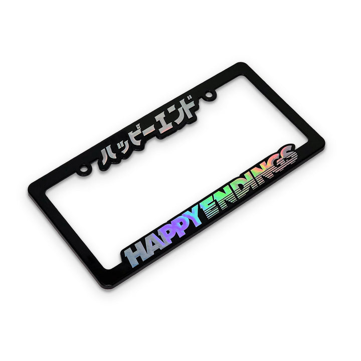 License Plate Frame - Silver Oil Slick Lettering (Black Frame) - Happy Endings - Automotive & Lifestyle Brand