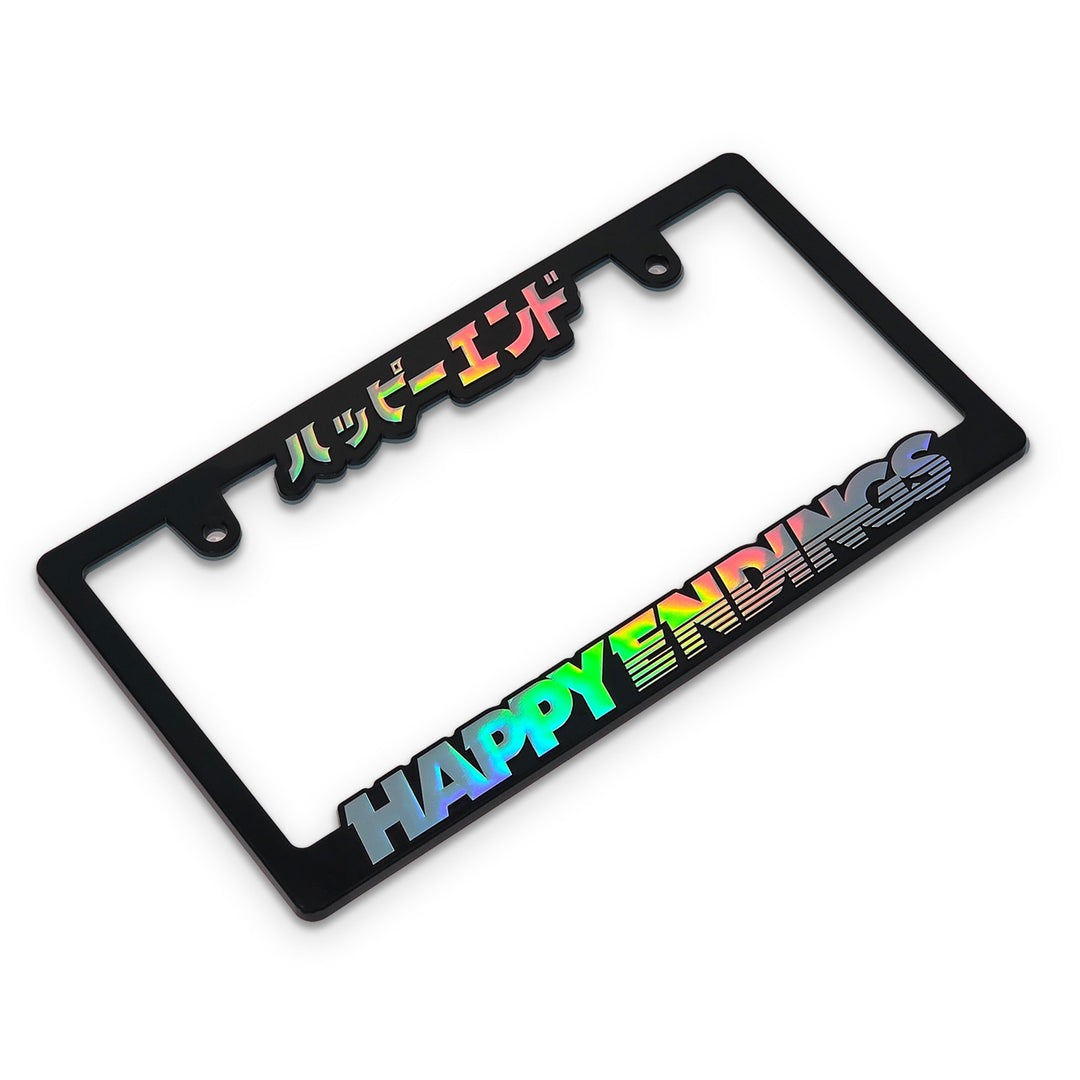 License Plate Frame - Silver Oil Slick Lettering (Japan Size) - Happy Endings...