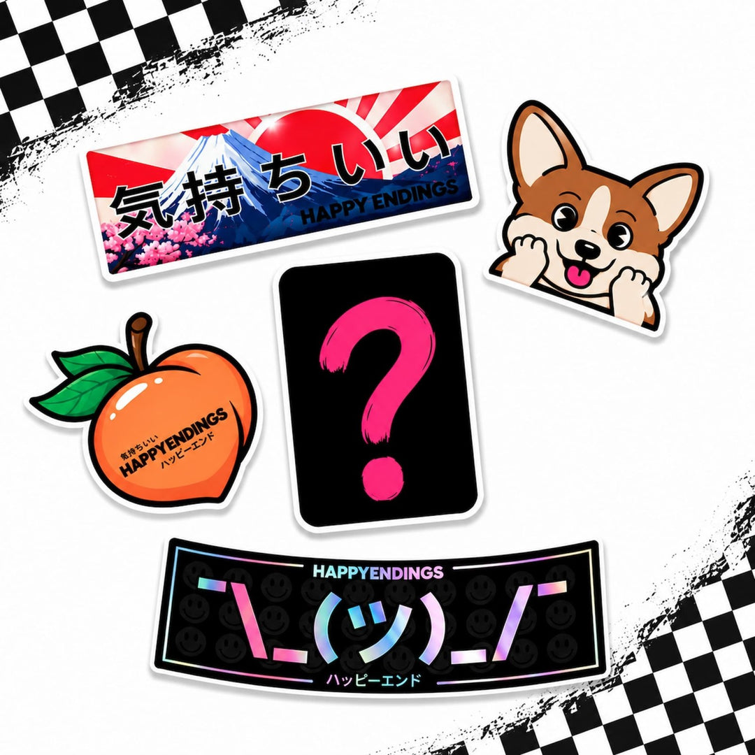 Five colorful stickers, including a dog, peach, question mark, shrug emoticon...