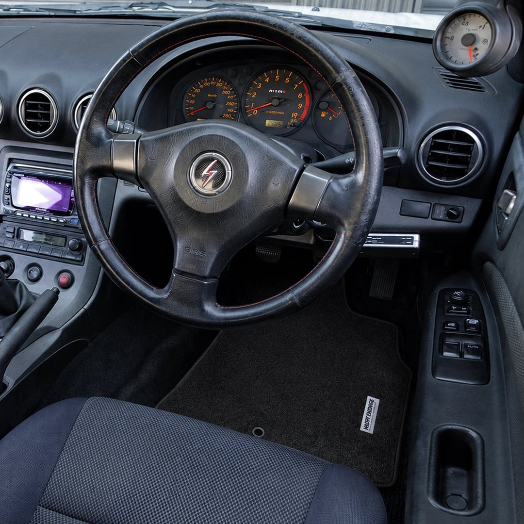 View of a cars interior focused on the steering wheel, dashboard, and various controls on the drivers side.