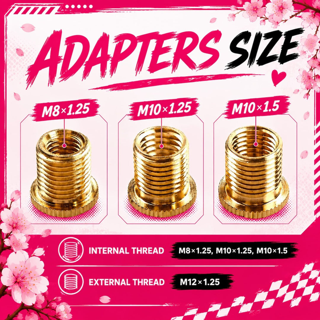 Three gold threaded adapters labeled M8×1.25, M10×1.25, and M10×1.5 on a pink...
