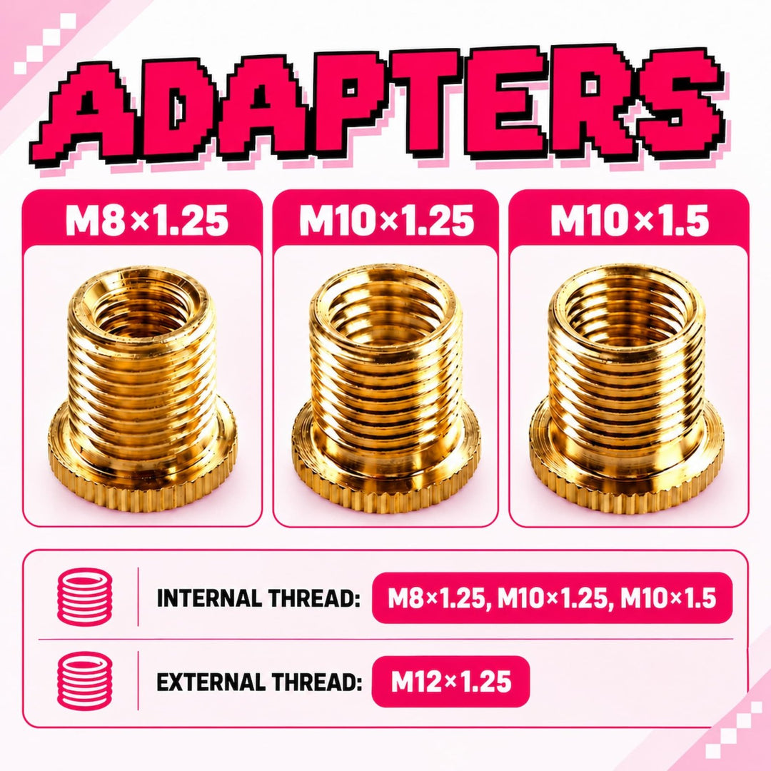 Three brass threaded adapters labeled M8x1.25, M10x1.25, and M10x1.5.