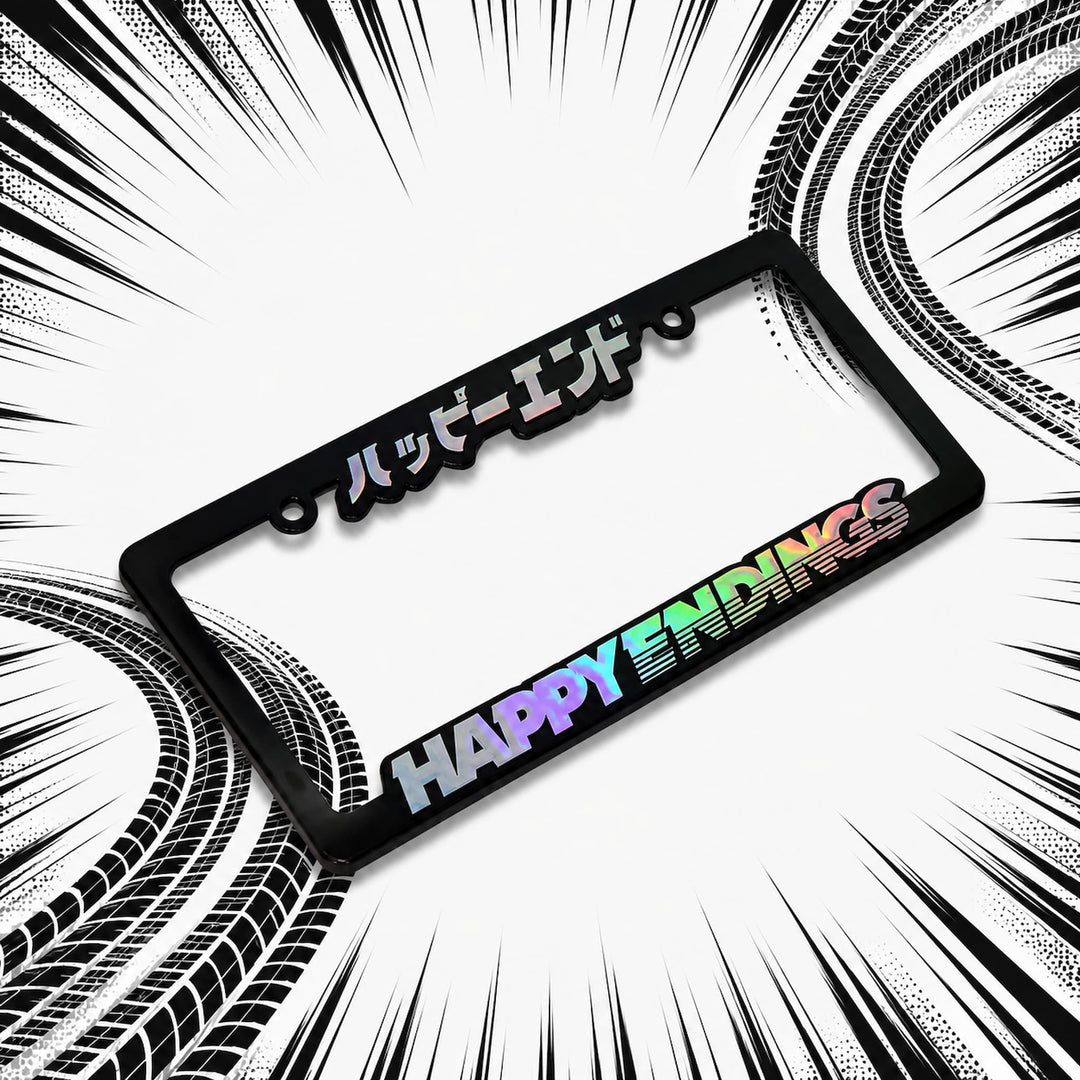 Holographic HAPPY ENDINGS license plate frame with comic-style tire marks in ...