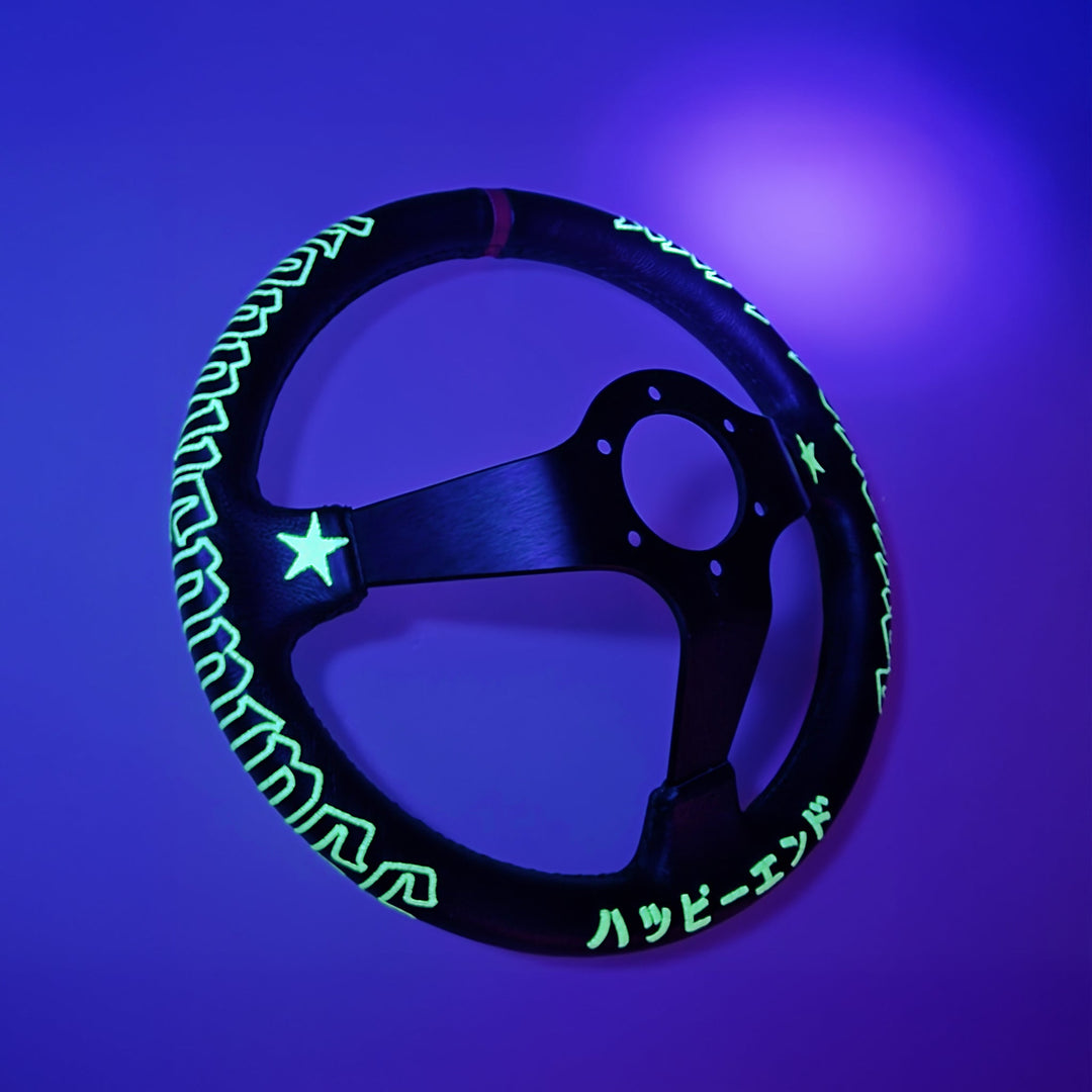 Glowing steering wheel cover with green patterns on a purple background