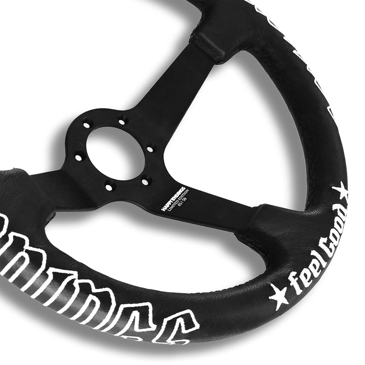 Steering wheel with features listed on a white background