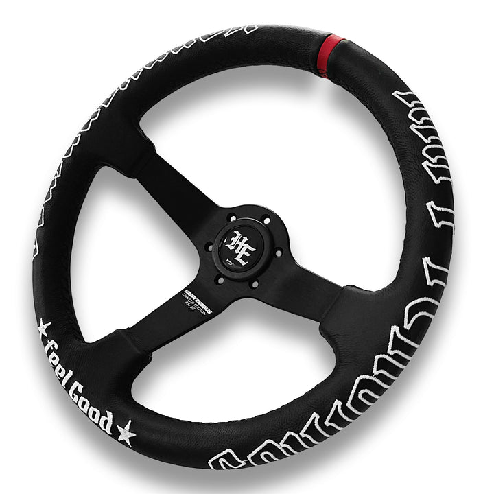 Steering wheel with features listed on a white background