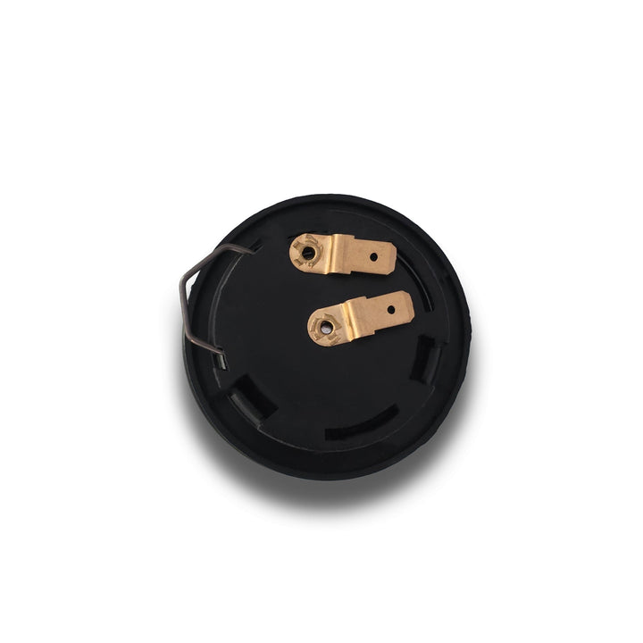 Black metal component with gold hardware on a white background