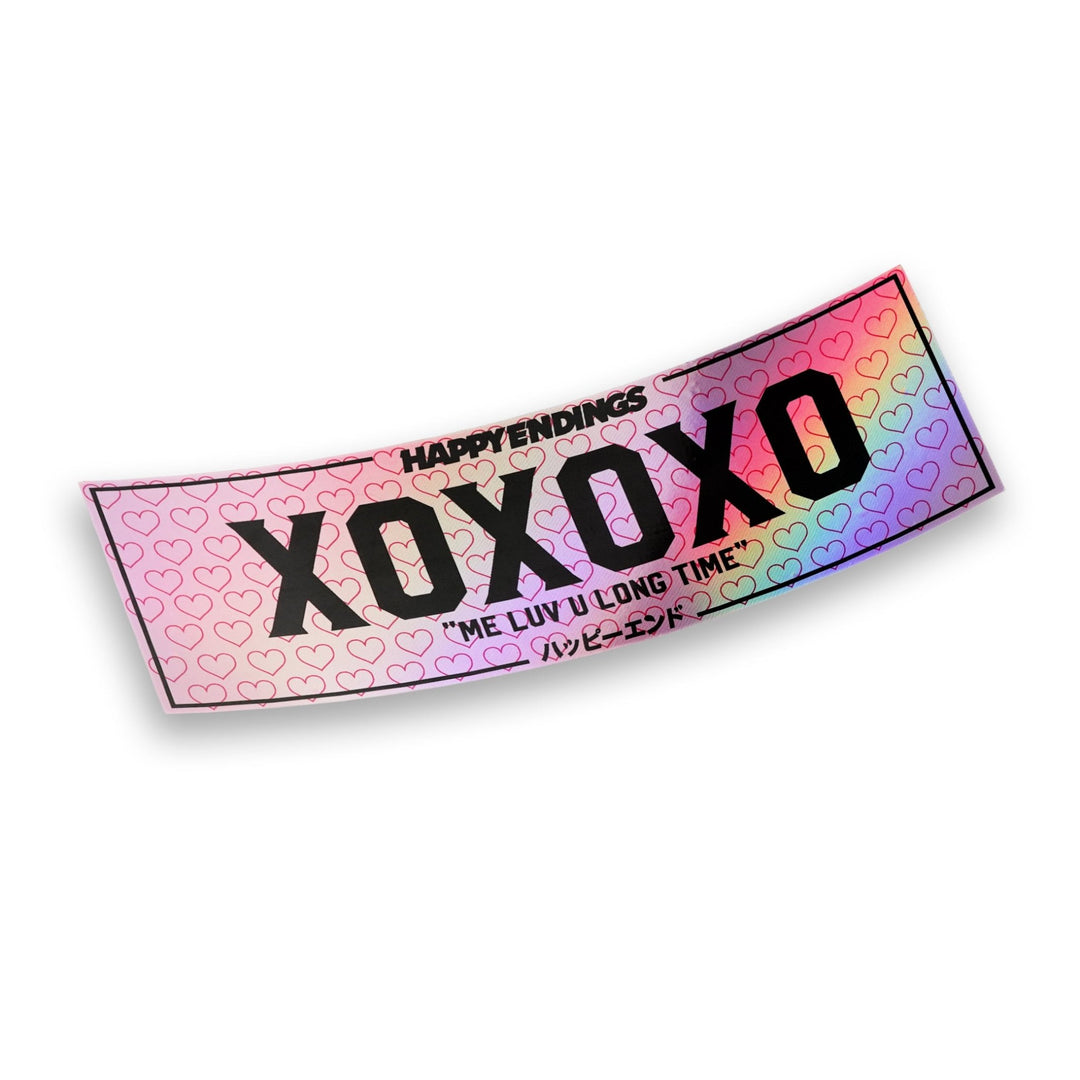 Holographic XOXO windshield banner sticker by Happy Endings featuring pink he...