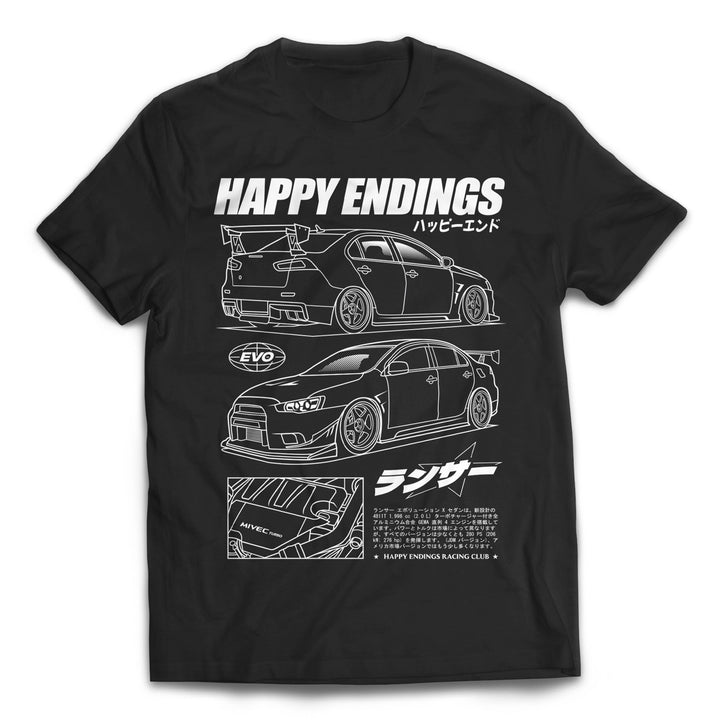 Black T-shirt with white line art of a sports car, “HAPPY ENDINGS” text, and Japanese characters above and below.
