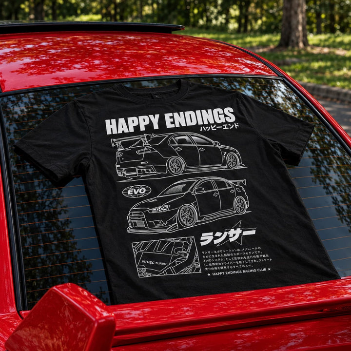 Black T-shirt featuring line-art illustrations of a Mitsubishi Lancer Evolution and Japanese text.