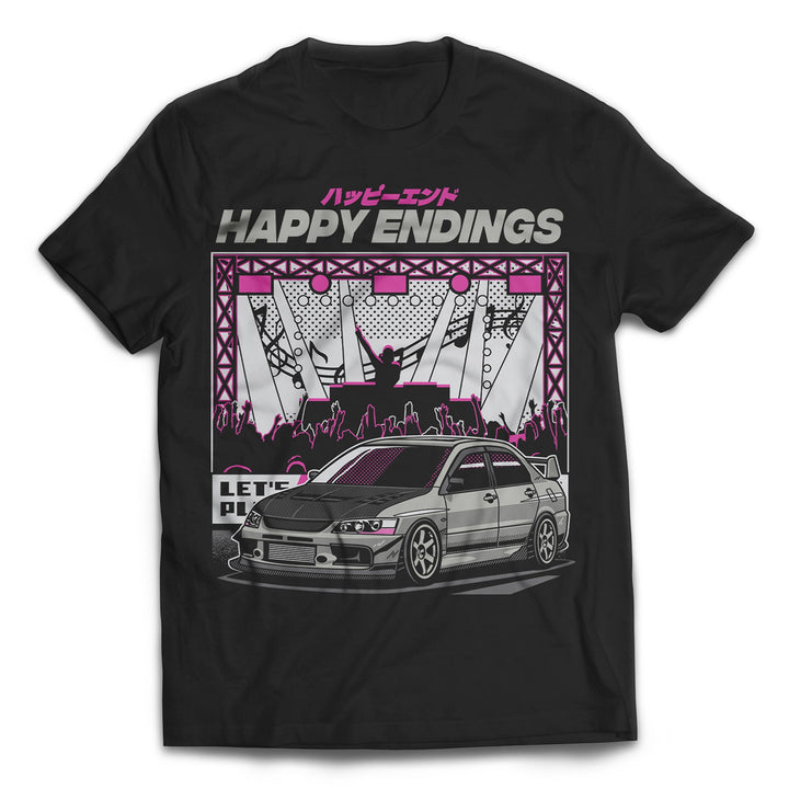 Black t-shirt with a car, concert crowd, stage, and “HAPPY ENDINGS” text in bold, pink and white graphics.