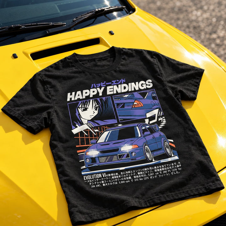 Black t-shirt with anime-style art of a blue sports car and text, lying on a yellow car hood.
