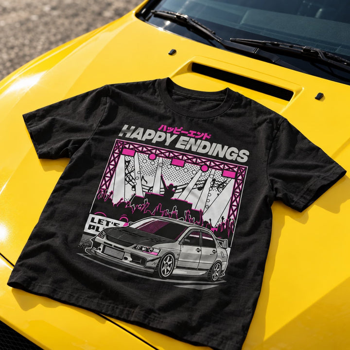 Black t-shirt featuring a Japanese-style graphic of a sports car at a concert.