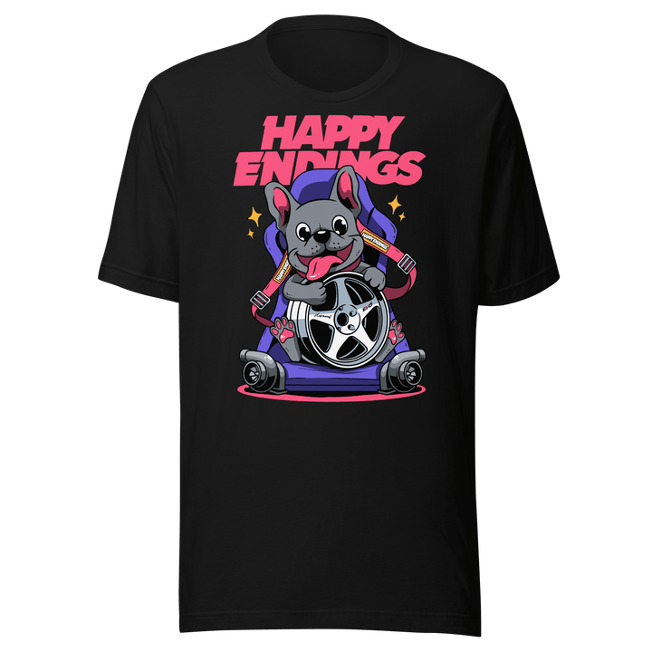 Black t-shirt with a cartoon dog and wheel graphic and 'Happy Endings' text on a transparent background