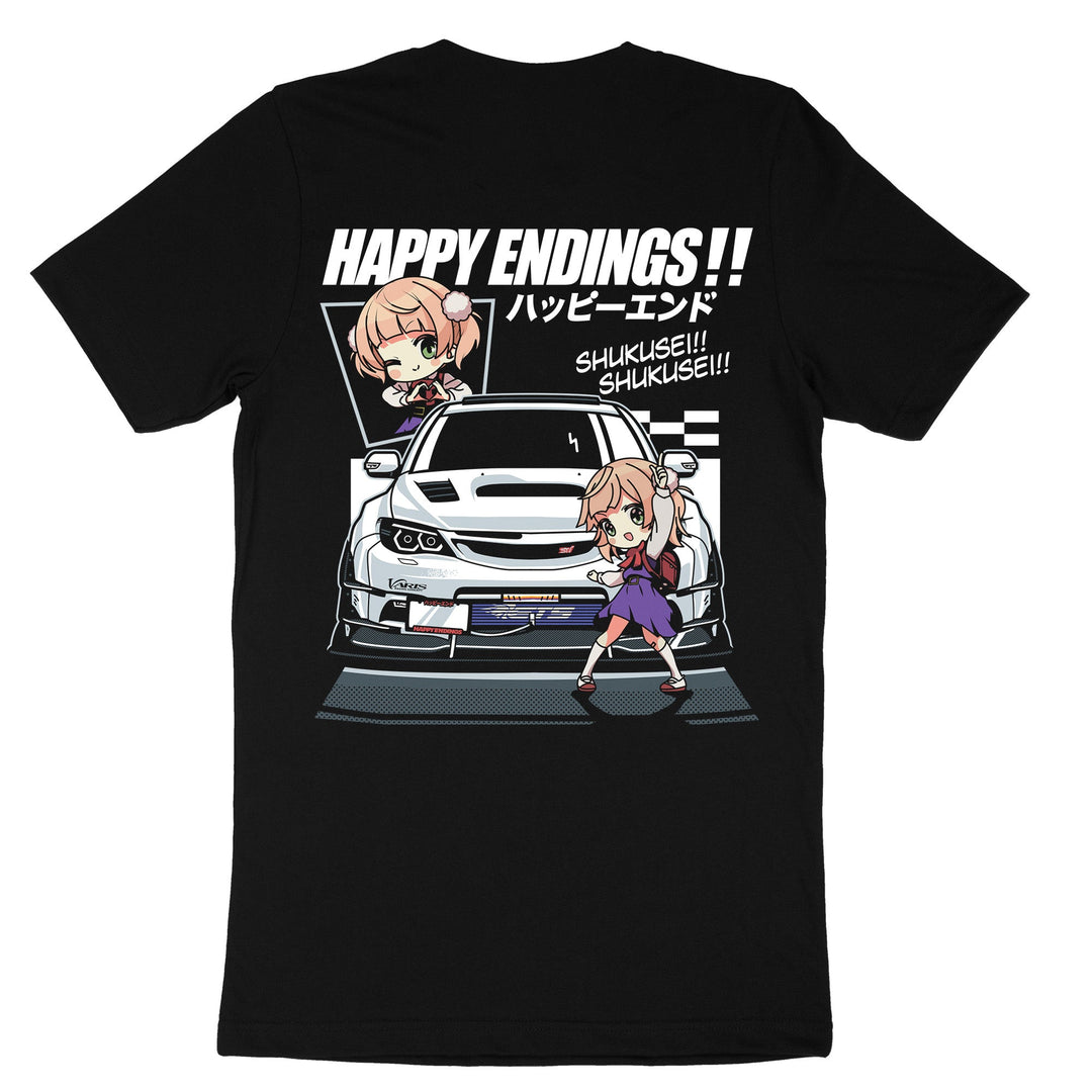 Black t-shirt with anime characters and car graphic, featuring text 'Happy En...