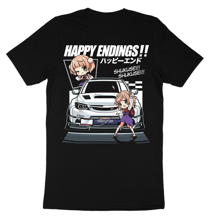 Black t-shirt with anime characters and car graphic, featuring text 'Happy Endings!!' and 'SHUKUSE!!'.