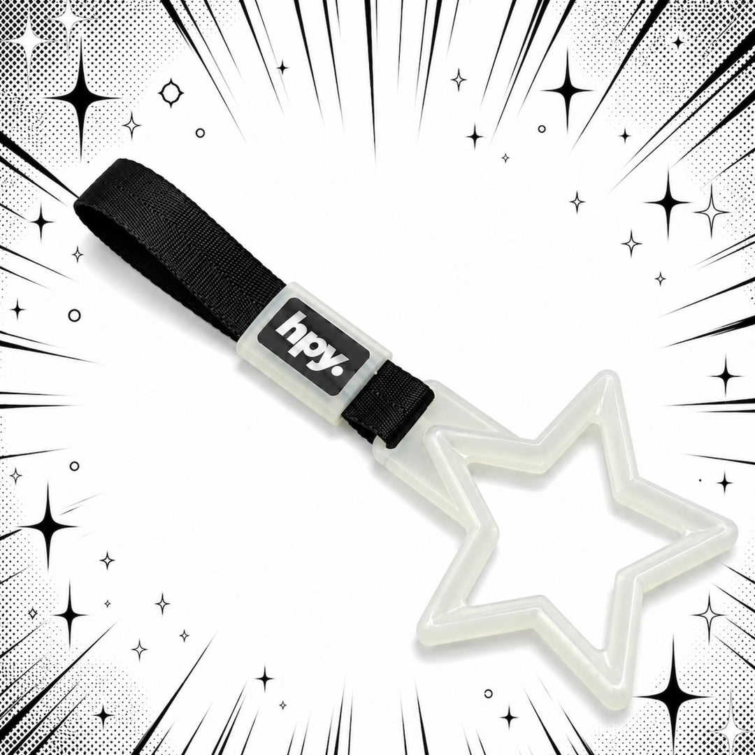 White star-shaped handle with a black strap labeled hpy.