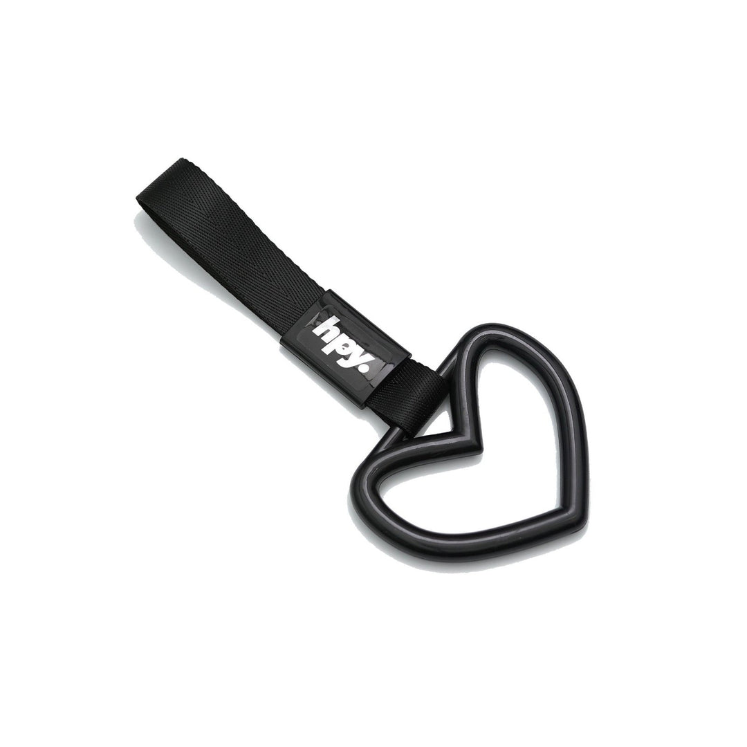 Black heart tsurikawa handle with black strap on a white background