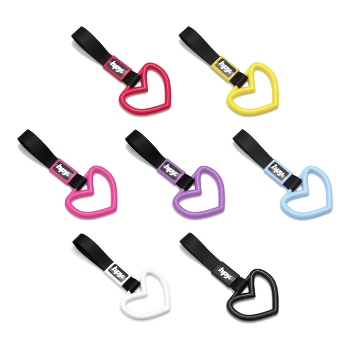 All seven I Heart You tsurikawa colors with black straps on a white background