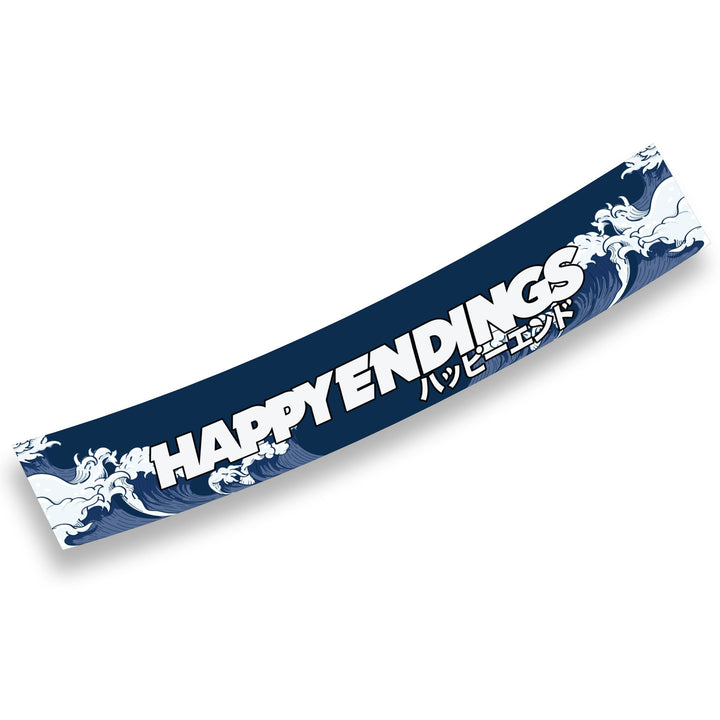 Product packaging with 'HAPPY ENDINGS' text on a white background