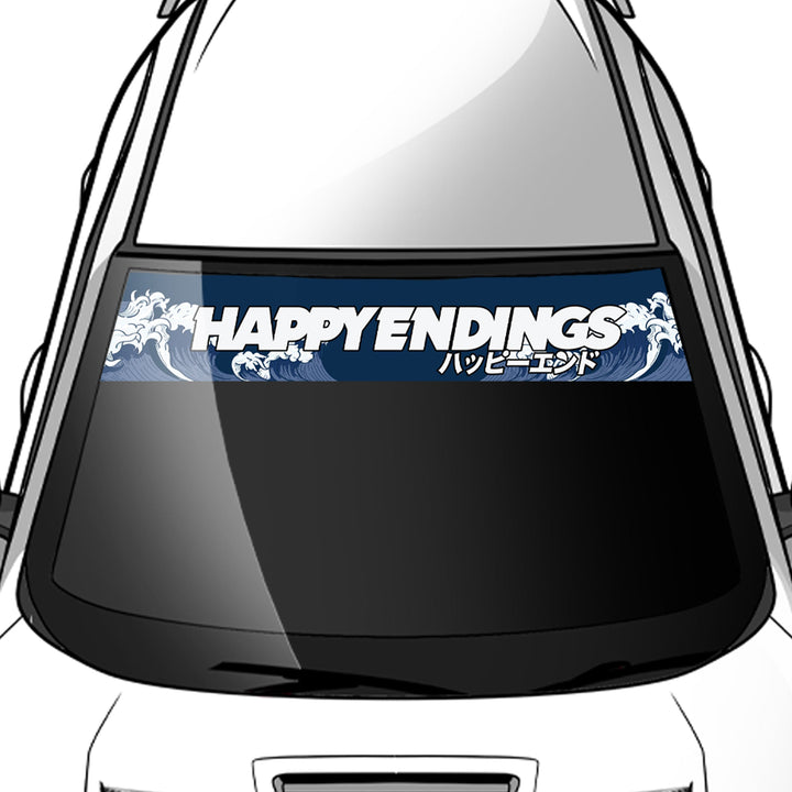 Car window with a 'Happy Endings' decal on a white background
