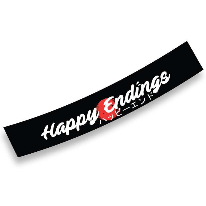 Black banner with 'Happy Endings' text on a white background