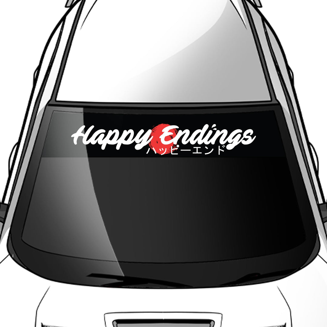 Car window with 'Happy Endings' decal on a white background