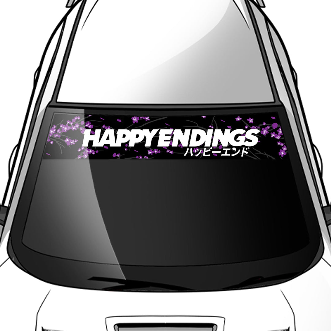 Car window with 'HAPPY ENDINGS' decal and purple floral design