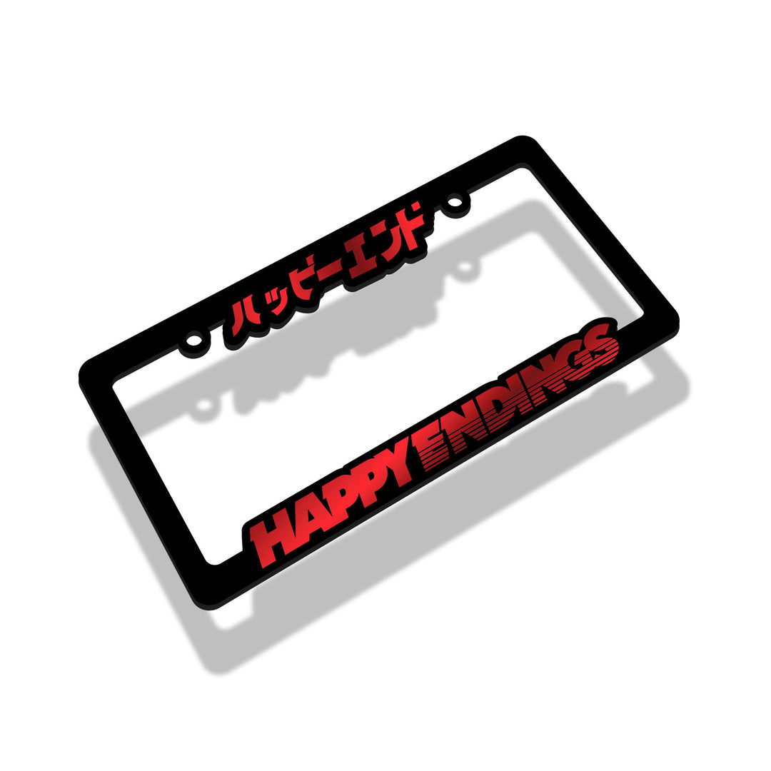 License Plate Frame - Red Chrome (Black Frame) - Happy Endings - Automotive & Lifestyle Brand