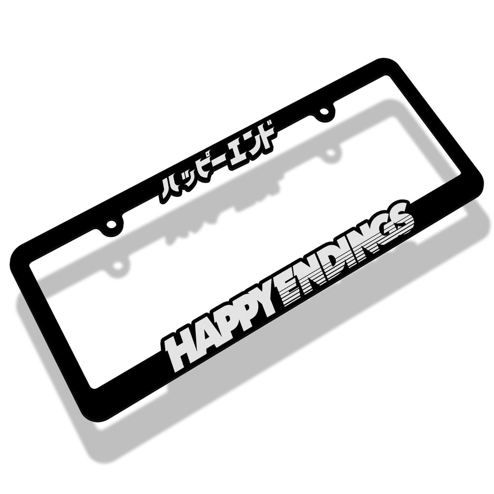 License Plate Frame - White Text (Australia Standard) - Happy Endings - Automotive & Lifestyle Brand