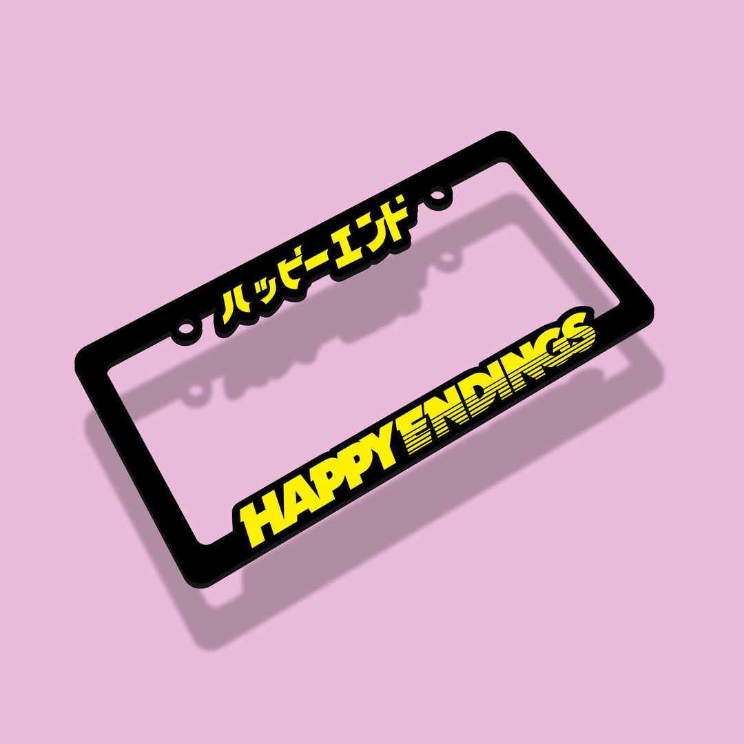 License Plate Frame - Yellow (Black Frame) - Happy Endings - Automotive & Lifestyle Brand