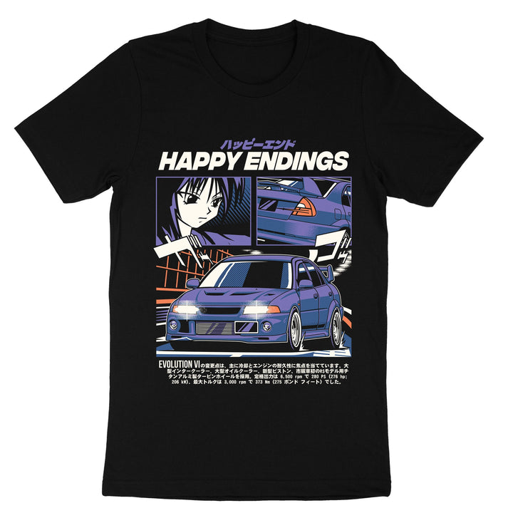 Black T-shirt with anime-style art, a blue car, and “Happy Endings” in English and Japanese text above the graphics.